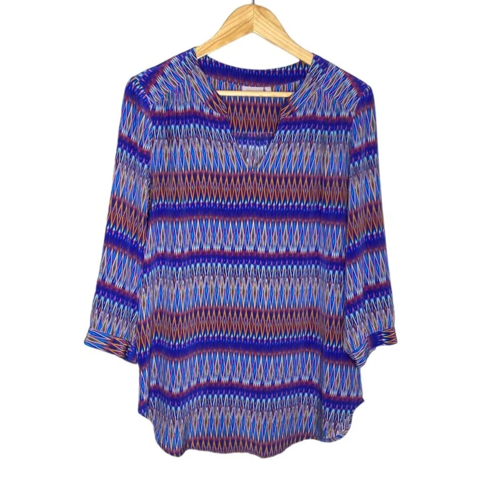 Ellie Kai Blue Orange Ikat Print Silk Blouse Top Women's Size 8